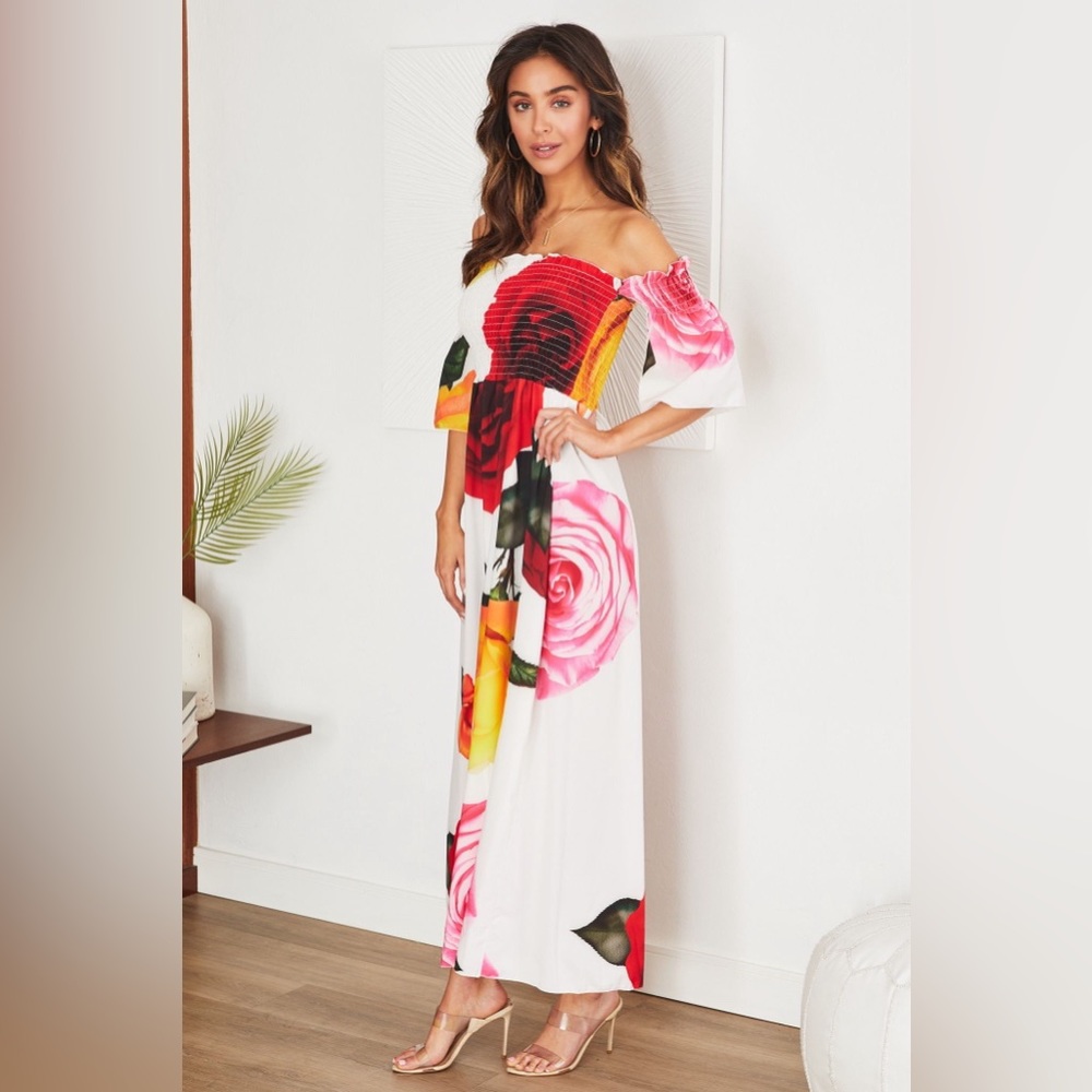 (7814-ROSES) ROSE PRINT SMOCKED OFF THE SHOULDER MAXI DRESS - Picture 2 of 3